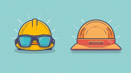 An illustration featuring two construction helmets; one yellow with goggles and another orange, set against a blue background, representing safety and construction protocols.