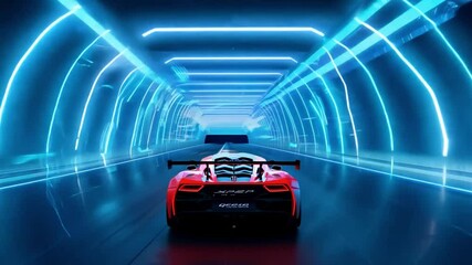 Poster - A red sports car drives through a futuristic tunnel with glowing blue lights.