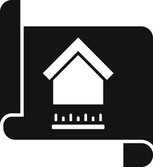 Poster - Black and white icon of a blueprint showing a house design with a ruler