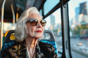 Elderly Woman with Sunglasses on Bus looking out the window with a thoughtful expression.