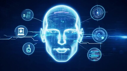 Poster - A glowing, digital human face is displayed against a dark blue background with abstract lines and circles.