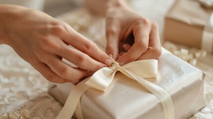 Wall Mural - Close-up of Hands Wrapping a Gift, Representing Thoughtful Giving