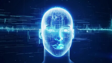 Poster - A digital rendering of a human head with glowing circuitry overlaid on the face. The head is set against a blue background of digital patterns.