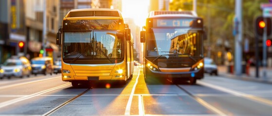 Modern Bus on City Road with Skyline in Background. Generative ai.