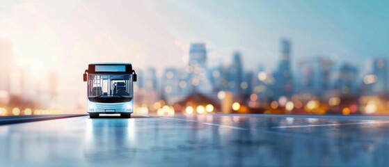Modern Bus on City Road with Skyline in Background. Generative ai.
