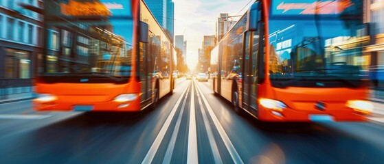 Modern Bus on City Road with Skyline in Background. Generative ai.