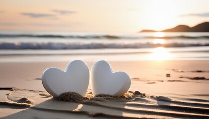 Wall Mural - two hearts in sand on the beach at sunset valentine day love background