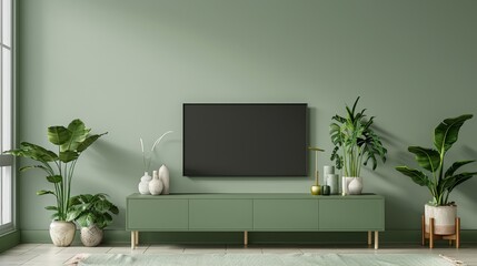 Wall Mural - Minimalist living room interior showcasing a green cabinet, green wall, and decorative elements, rendered in high resolution.