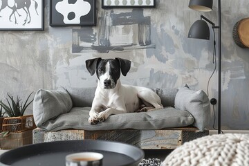 Contemporary Elegance Modern Stylish and  living room interior of modern apartment with gray sofa, design wooden commode, black table, lamp, abstract paintings on the wall.