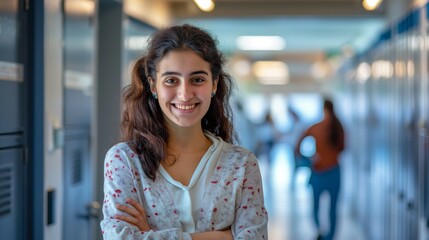 Greek Female Student Smiling in University Hallway, Diverse Education Concept, Back to School Stock Photo for Academic Year