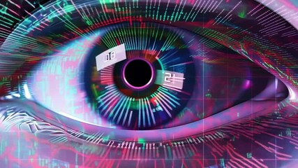 Poster - A close-up image of a digital eye, with colorful lines radiating from the center and a grid pattern overlayed on the surface.