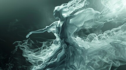 Aufkleber - A woman wearing a flowing, white dress that appears to be made of smoke dances in a dark, ethereal setting.