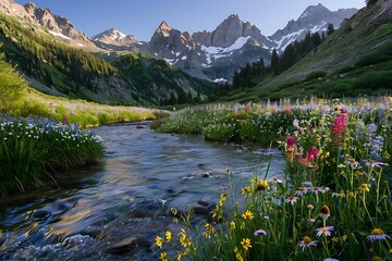 Wall Mural - A tranquil mountain valley, wildflowers in bloom, a clear river flowing through, snow-capped peaks in the distance, early morning light