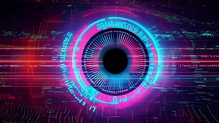 Poster - A digital eye with a black pupil, surrounded by neon circles, numbers, and code lines, on a dark background with pink and blue lines