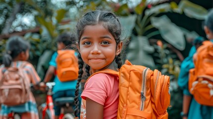 smiling girl with orange backpack ready for school, education in developing countries.