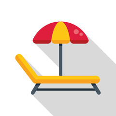 Poster - Yellow beach lounge chair sitting under a colorful beach umbrella, casting a long shadow on the ground