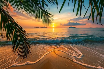 Wall Mural - A tropical beach at dusk, dark blue sky with hints of orange, calm turquoise water, white sandy beach, smooth stones and shells, tall palm trees casting long shadows, distant volcano silhouetted again