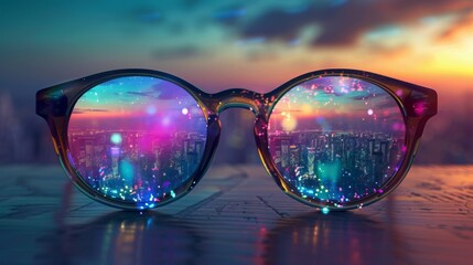 Aufkleber - A pair of sunglasses sits on a surface, reflecting a cityscape at sunset. The lenses are filled with vibrant colors and glowing lights.