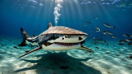 Wall Mural -  Fierce shark swimming underwater in ocean with fish and sunlight shining through, enhancing marine life beauty