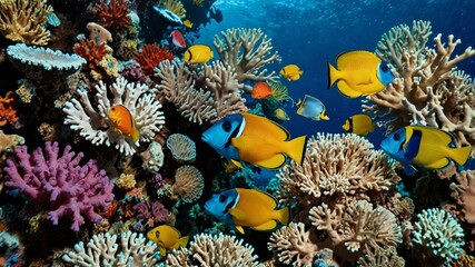 Wall Mural -  Underwater coral reef scene with vibrant tropical fish for nature and aquatic life backgrounds