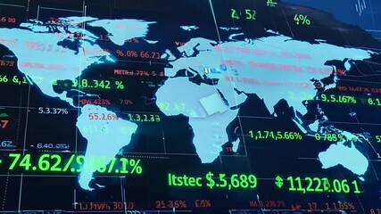 Poster - A digital world map with glowing continents displays various stock market data, including numerical figures and percentage changes.
