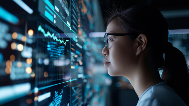A female IT specialist in side profile, analyzing data with a backdrop of AI-generated graphics illustrating cyber security risks, emphasizing her role in protection.