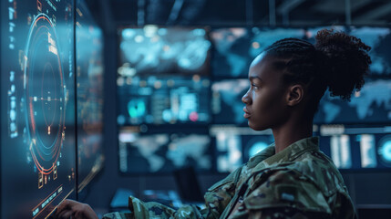 In a strategic operations room, an African American black female military soldier utilizes AI analytics, her confident posture showcasing the fusion of technology and military prow