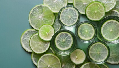 Wall Mural - slices of fresh juicy green lemons lime fruit cut texture citrus section pattern vibrant color summer design flat lay top view