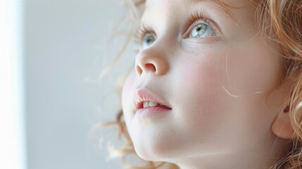 Hopeful gaze upward, plain white background, with copy space