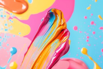 Wall Mural - A whimsical cosmetics smear in bright, vibrant colors, with a light, airy texture, set against a fun, playful background with abstract shapes