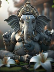 Wall Mural - A large gray elephant with a gold crown on its head sits on a bed of flowers, Ganesha