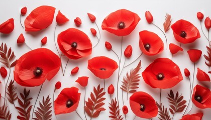 Wall Mural - the illustration shows a pattern of red poppy flowers on a white background