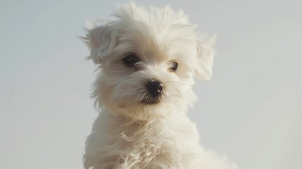 Wall Mural - 6 month old Bolognese puppy poses against white backdrop