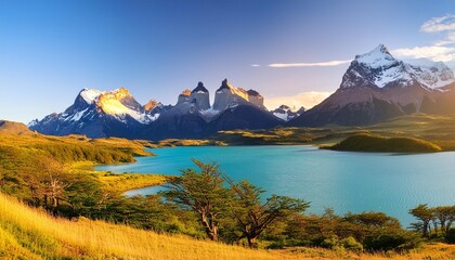 Wall Mural - cuernos del paine and pehoe lake at sunrise torres del paine chile south america