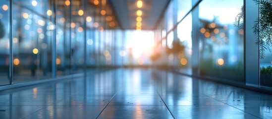 Canvas Print - Modern Office Hallway with Glass Walls and Blurred Lights