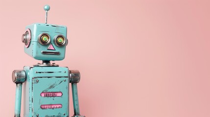 Wall Mural - Vintage tin robot on pink backdrop with space for text