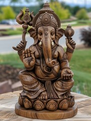 Poster - A wooden statue of a man with a large head and a small body, Ganesha