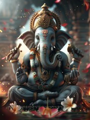 Wall Mural - A large elephant statue of Ganesha sitting on a bed of flowers