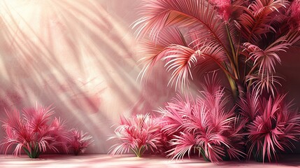 Wall Mural - Pink Paradise: Tropical Plants and Sunbeams