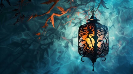 Aufkleber - A glowing lantern hangs from a tree branch in a dark forest, casting a warm light against the blue and green foliage.