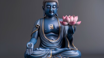 Wall Mural - A blue statue of a Buddha holding a pink flower