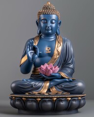 Wall Mural - A blue and gold Buddha statue holding a pink flower