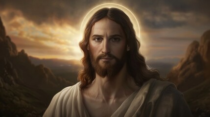 Wall Mural - A man with a halo on his head is standing in front of a mountain, Jesus Christ