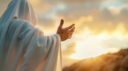 Wall Mural - A man in a white robe is reaching out to the sky, possibly to touch the sun, Jesus Christ