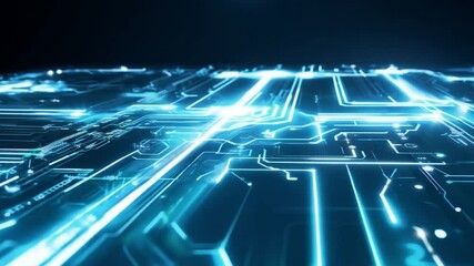 Poster - Abstract blue light trails illuminate a dark digital circuitry background.