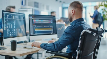 A man in a wheelchair is working on a computer with two monitors, people with disabilities at work