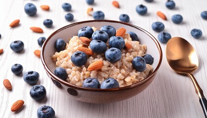 Poster - served healthy breakfast barley porridge with blueberries and almonds