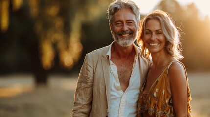 Wall Mural - Happy mature couple husband and wife walk summer in the park at sunset