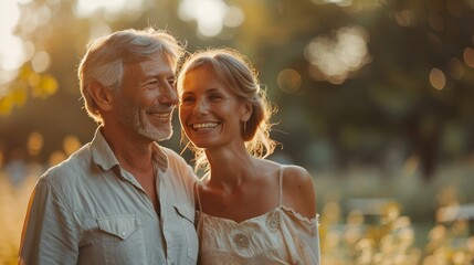 Wall Mural - Happy mature couple husband and wife walk summer in the park at sunset