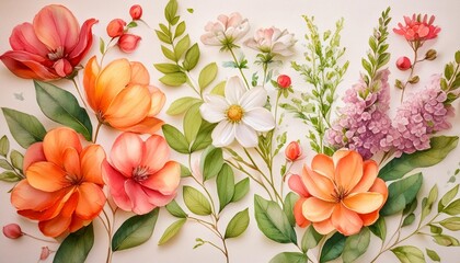 Sticker - delicate watercolor paintings of lush summer botanicals on a pristine white background